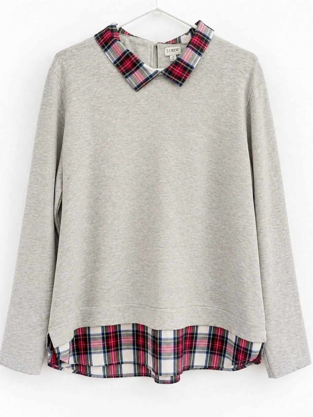 J. Crew Factory Plaid Woven-Collar Sweater Heather Dove Gray 3X Holiday Tartan
